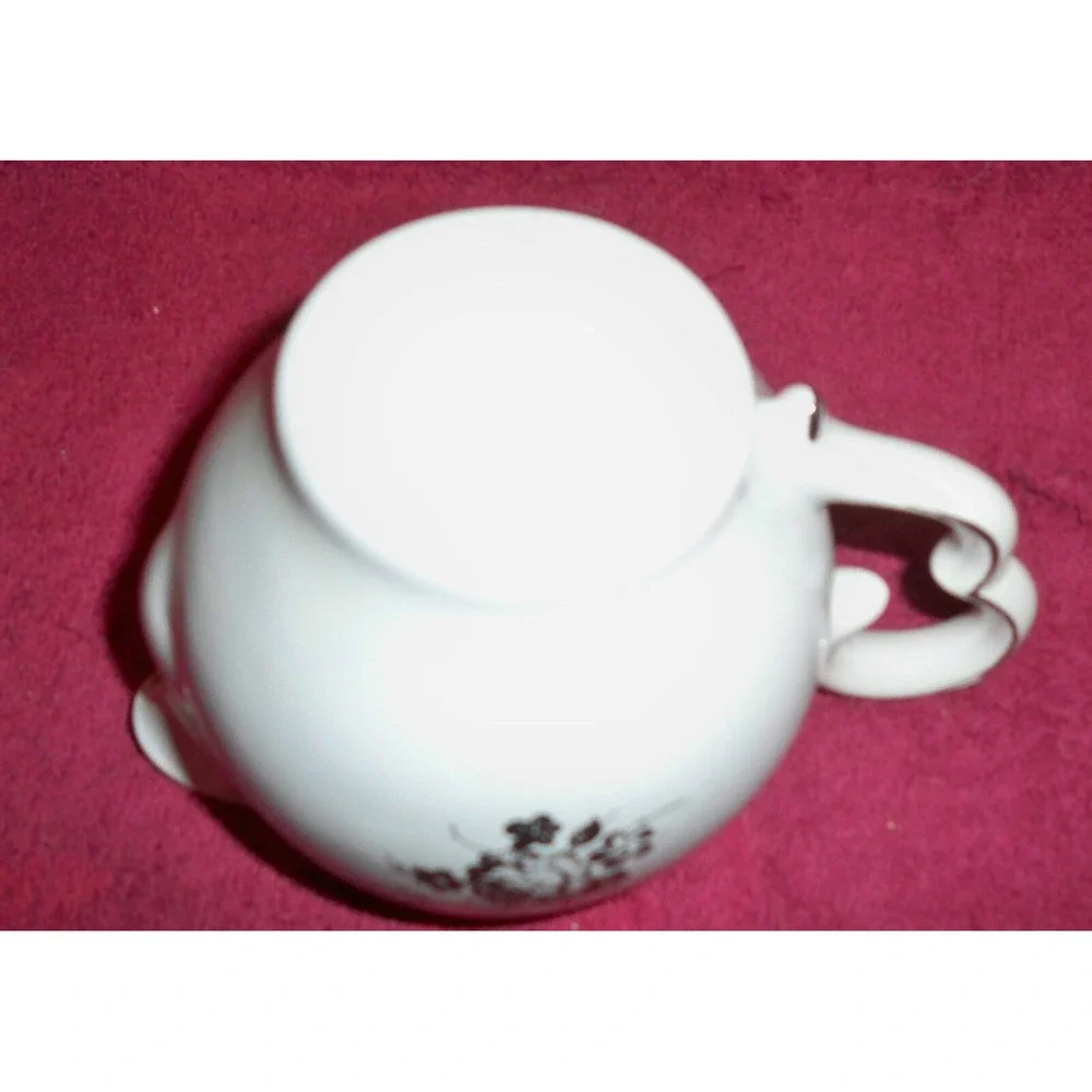 Cream Sugar Set w/Lid White Black inside scalloped handles platinum trim flowers